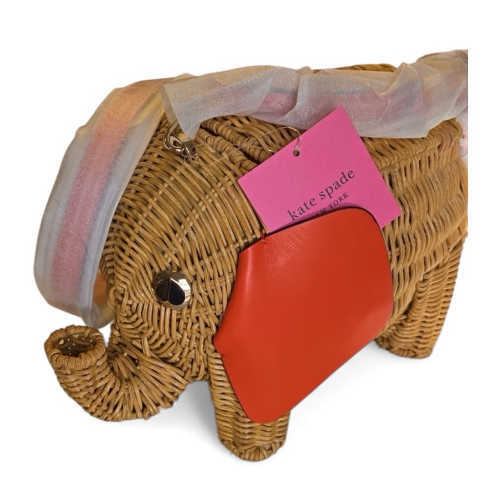 Kate Spade tiny wicker + leather elephant Crossbody bag natural, and orange NWT